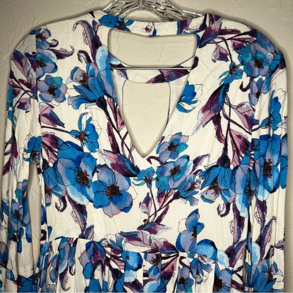 Free People Teagan Floral Blue Purple Boho Double V Cutout Mini Dress - Picture 14 of 14
